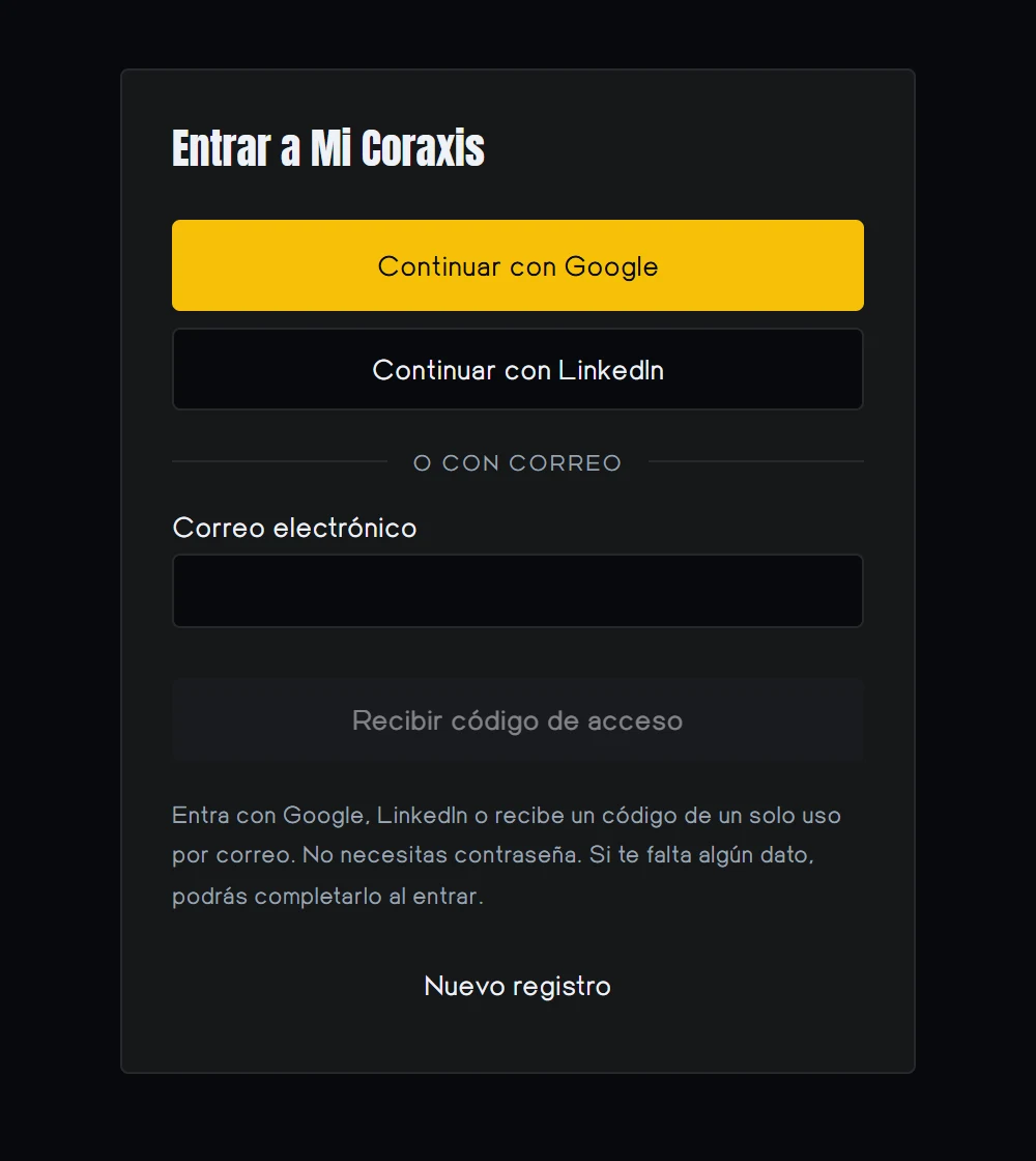 Pantalla para entrar a Mi Coraxis con Google, LinkedIn o código por correo