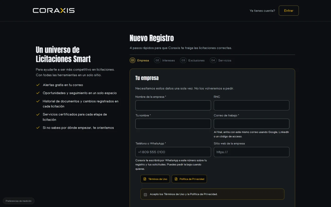 Pantalla de registro de Mi Coraxis con los pasos Empresa, Intereses, Exclusiones y Servicios